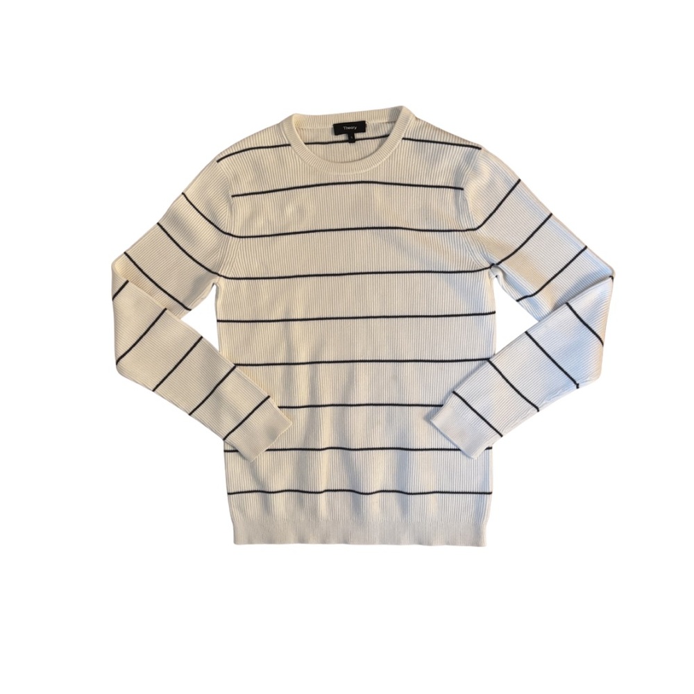 Theory Cream Ribbed Crewneck Sweater with Black Stripes
